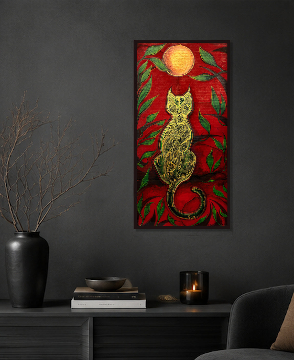 The Green Cat and the Golden Moon artwork by MatiArtBox displayed on a dark charcoal wall above a console with minimalist decor and warm candlelight.