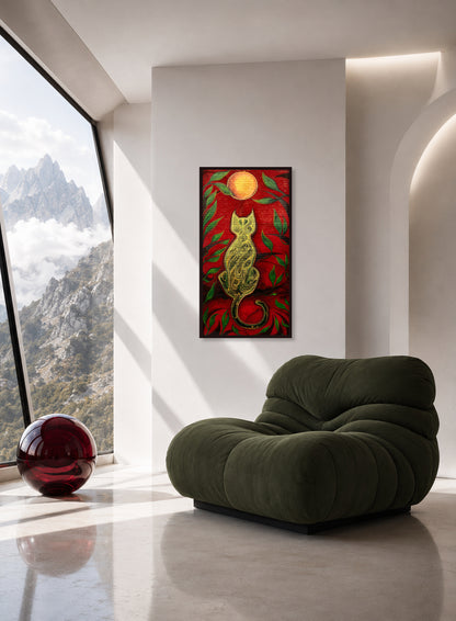 The Green Cat and the Golden Moon artwork by MatiArtBox displayed on a white wall beside a deep green lounge chair in a bright modern interior overlooking the mountains.