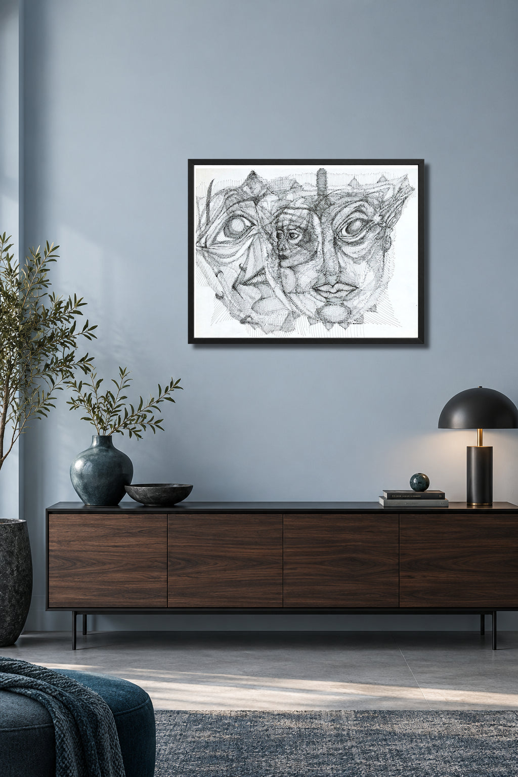 Personalities. MatiArtBox printable wall art mockup showing a framed black-and-white hand-drawn artwork above a dark gray sofa in a modern light-blue-gray living room.
