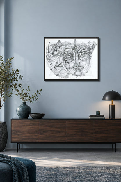 Personalities. MatiArtBox printable wall art mockup showing a framed black-and-white hand-drawn artwork above a dark gray sofa in a modern light-blue-gray living room.