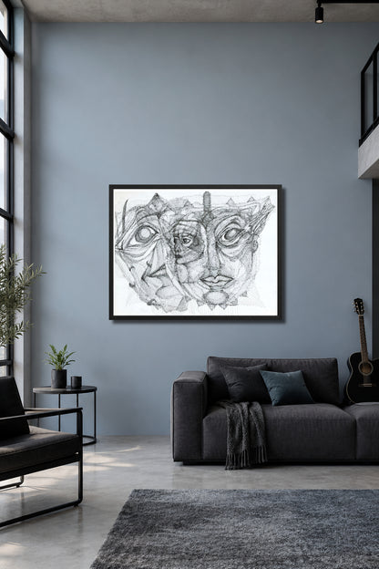 Personalities.MatiArtBox printable wall art mockup showing a framed black-and-white hand-drawn artwork above a dark gray sofa in a modern blue-gray living room.  
