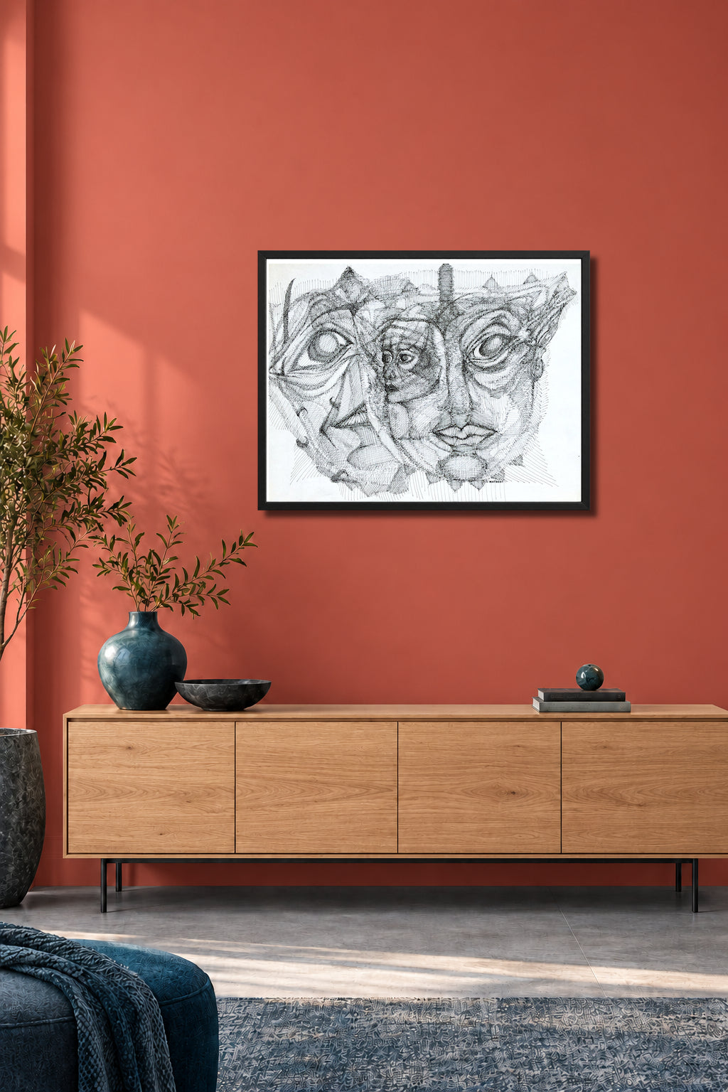 Personalities. MatiArtBox printable wall art mockup showing a framed black-and-white hand-drawn artwork above a dark gray sofa in a modern coral-wall living room. 
