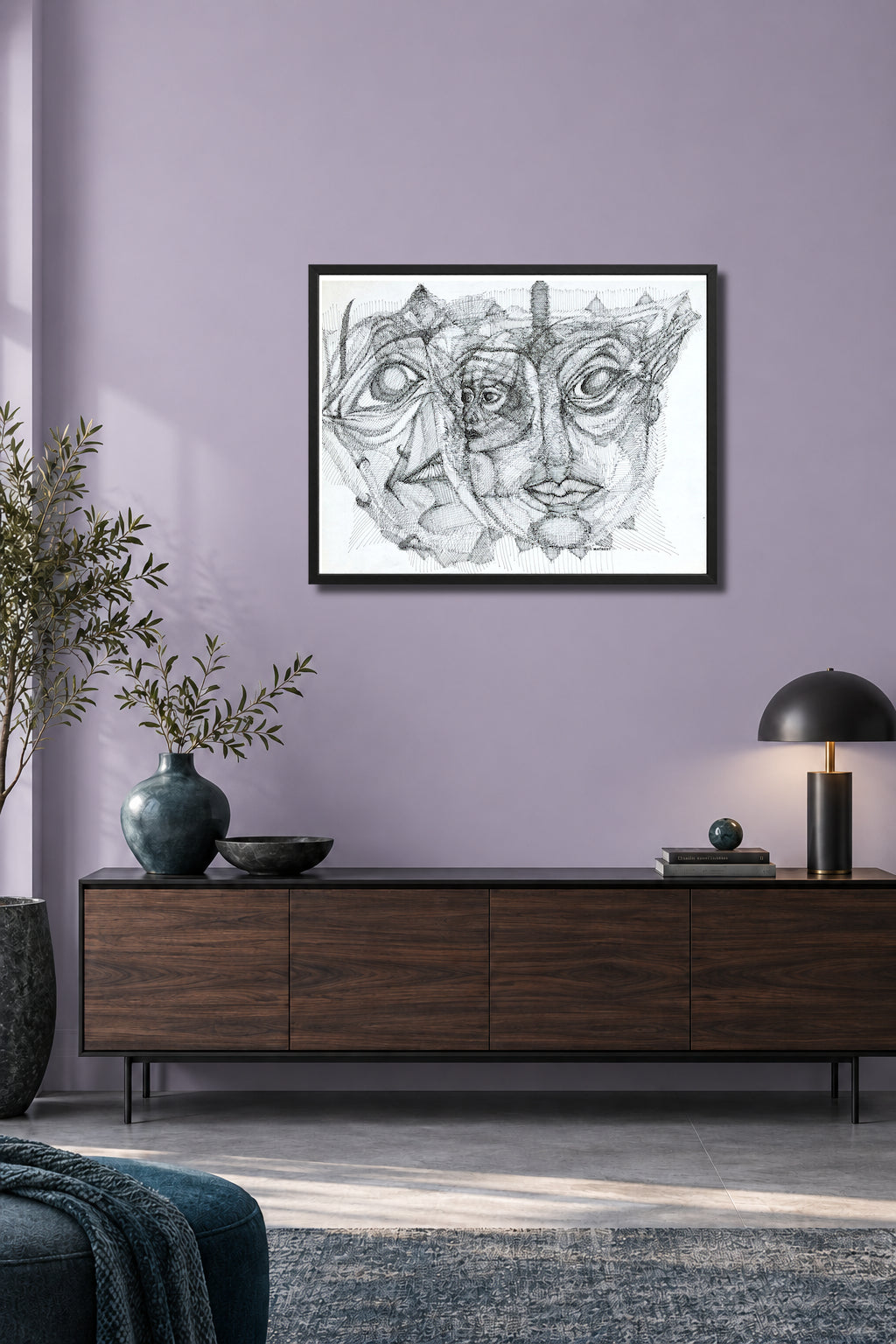 Personalities. MatiArtBox printable wall art mockup showing a framed black-and-white hand-drawn artwork above a dark gray sofa in a modern light-lavender-gray living room. 