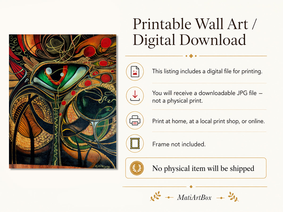 MatiArtBox printable wall art information graphic featuring It’s Not What You Think You See, explaining that the listing includes a downloadable JPG file, not a physical print.  Matiartbox
