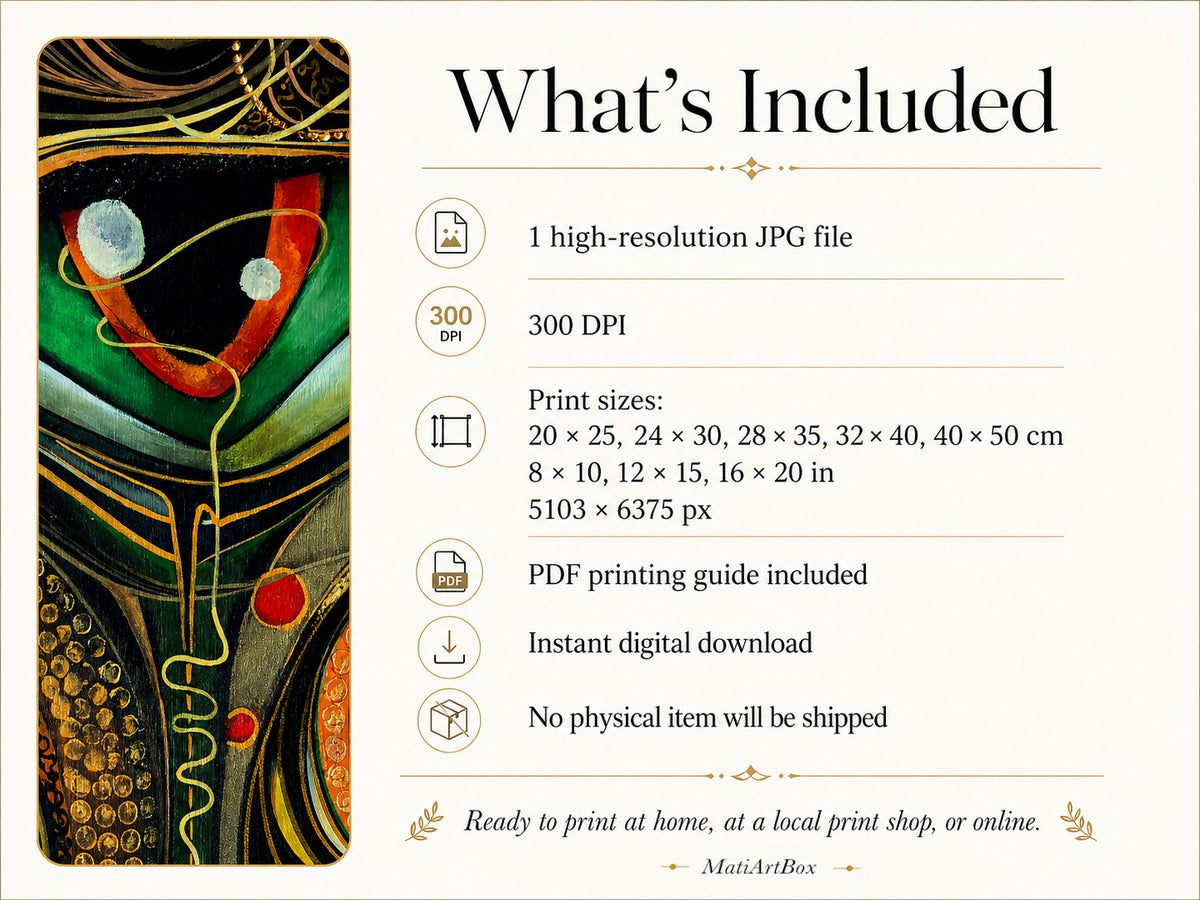 What’s Included information graphic for It’s Not What You Think You See, showing one 300 DPI JPG file in 4:5 ratio, a PDF printing guide and instant digital download.  Matiartbox